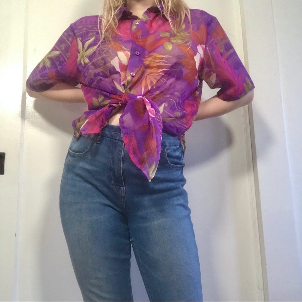 Purple floral button down T-Shirt